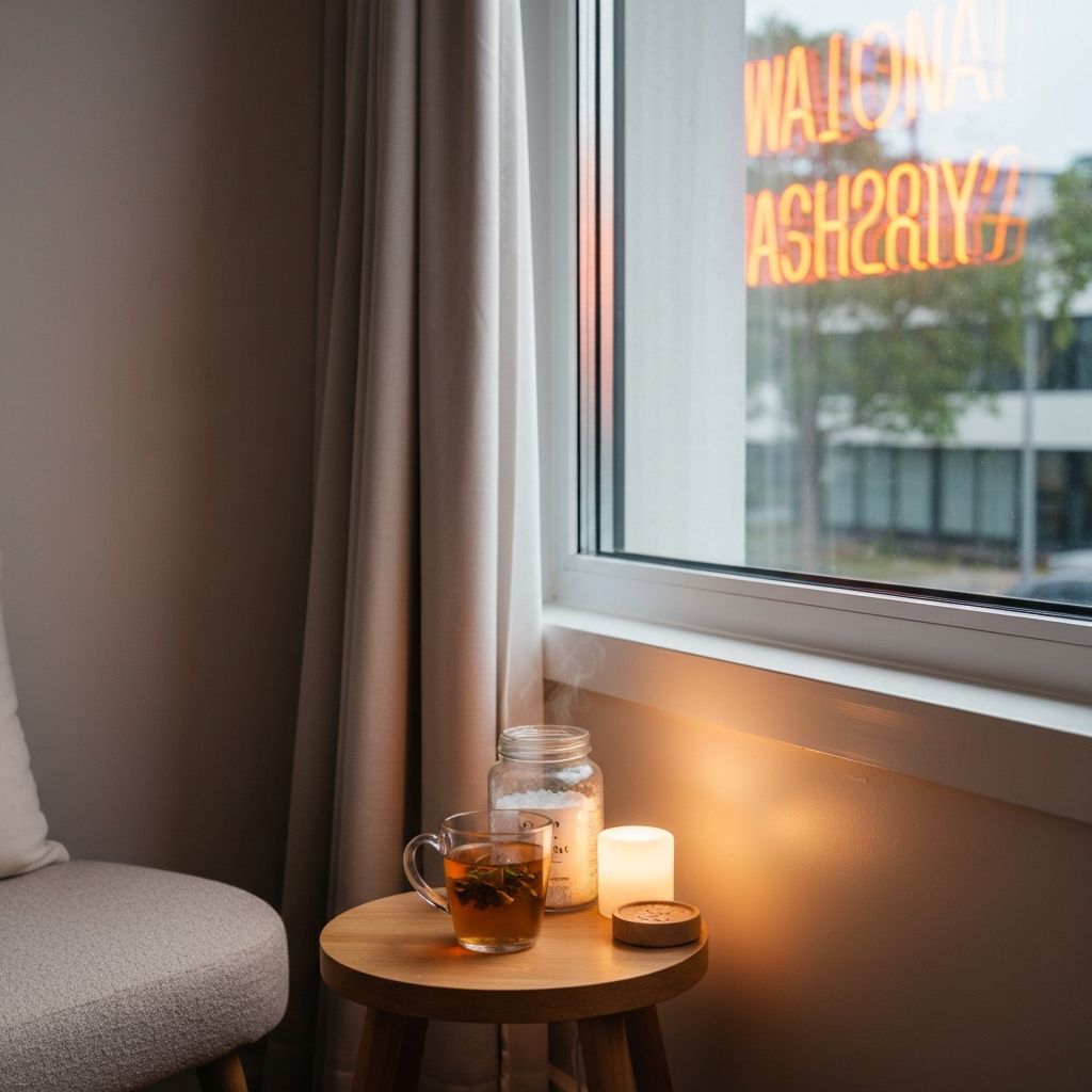Kräutertee, Magnesiumglas mit Neonreflektion im Fenster